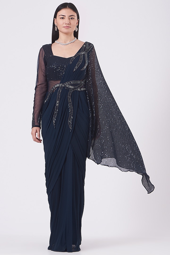 Navy Blue Embroidered Draped Saree Gown by Kamaali Couture
