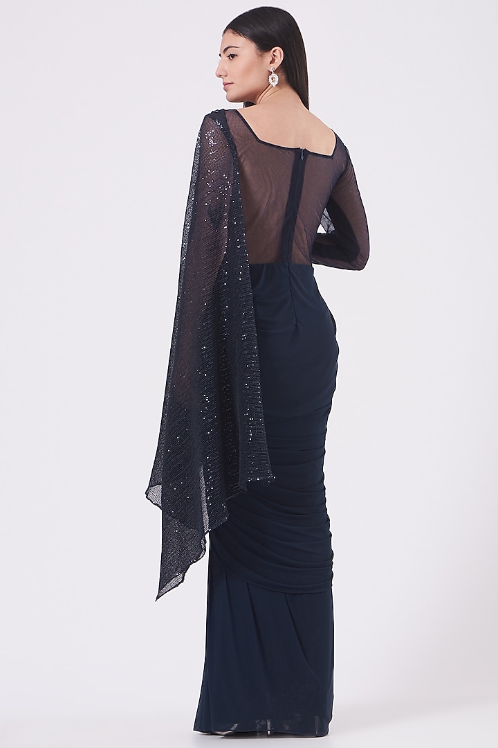 Navy Blue Embroidered Draped Wedding Saree Gown by Kamaali Couture at Pernia's Pop Up Shop