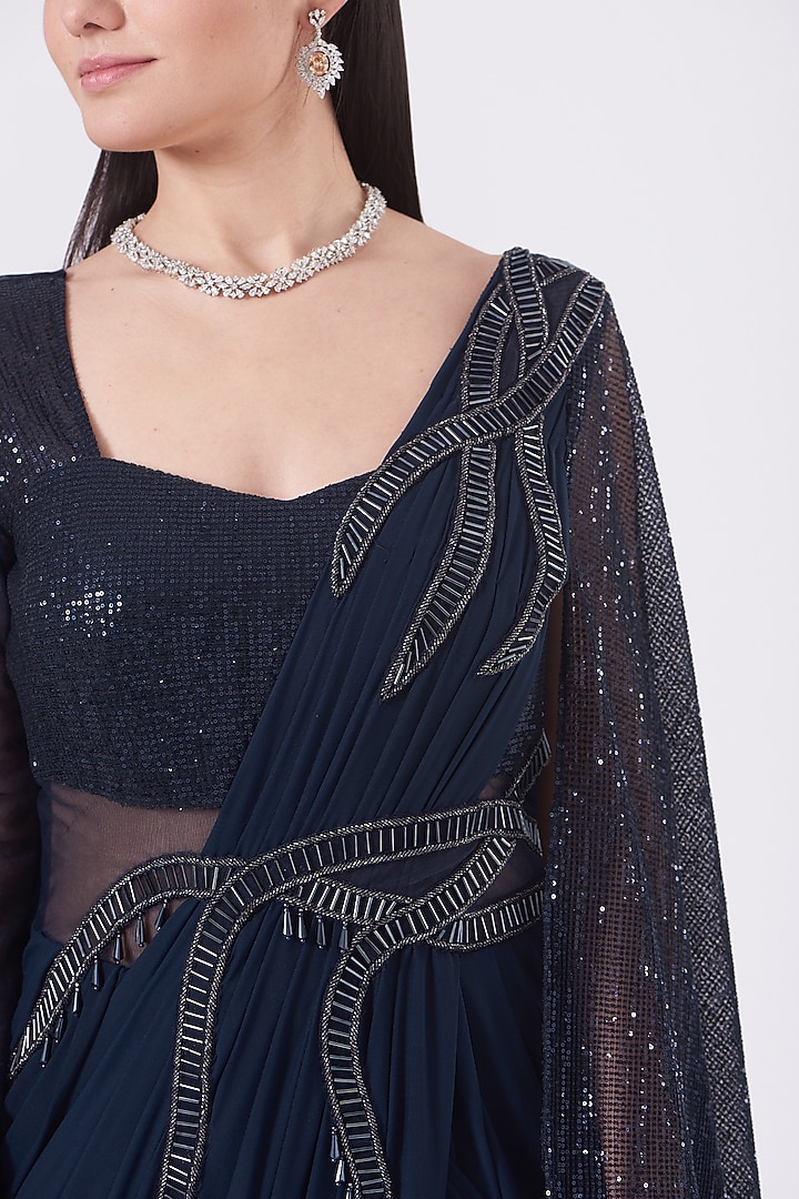 Navy Blue Embroidered Draped Wedding Saree Gown by Kamaali Couture at Pernia's Pop Up Shop