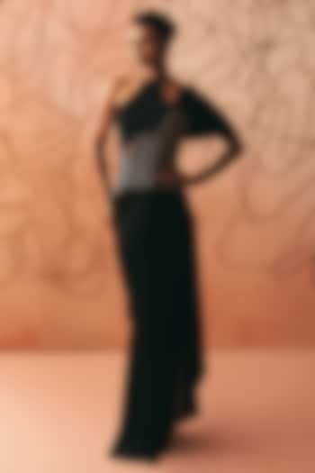 Black Satin Pre-Stitched Wedding Saree Set by Kamaali Couture at Pernia's Pop Up Shop