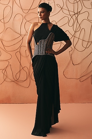 Black Satin Pre-Stitched Saree Set by Kamaali Couture