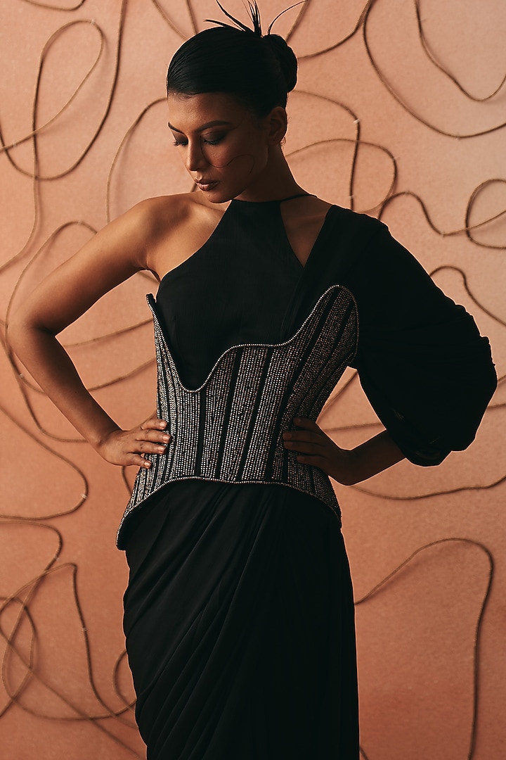 Black Satin Pre-Stitched Wedding Saree Set by Kamaali Couture at Pernia's Pop Up Shop
