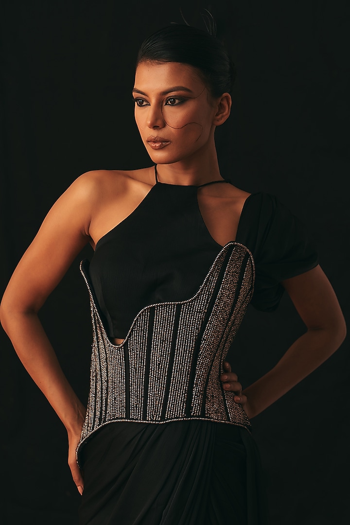 Black Satin Pre-Stitched Wedding Saree Set by Kamaali Couture at Pernia's Pop Up Shop