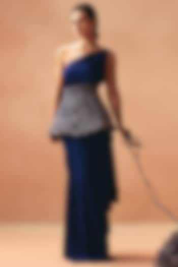 Purple Satin One-Shoulder Wedding Saree Gown With Belt by Kamaali Couture at Pernia's Pop Up Shop