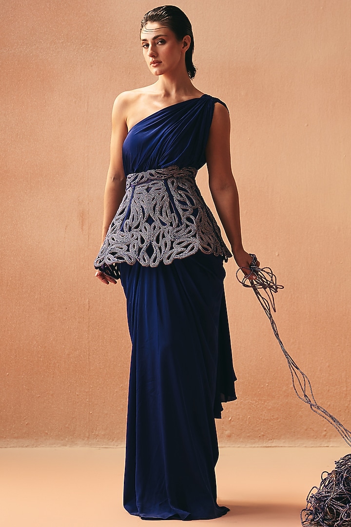 Purple Satin One-Shoulder Wedding Saree Gown With Belt by Kamaali Couture at Pernia's Pop Up Shop