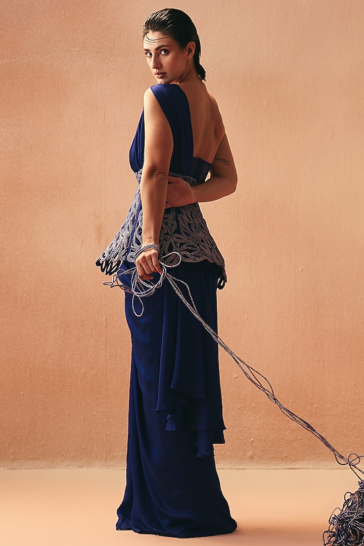 Purple Satin One-Shoulder Wedding Saree Gown With Belt by Kamaali Couture at Pernia's Pop Up Shop
