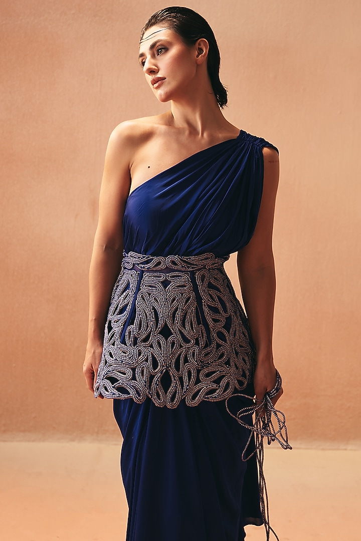 Purple Satin One-Shoulder Wedding Saree Gown With Belt by Kamaali Couture at Pernia's Pop Up Shop