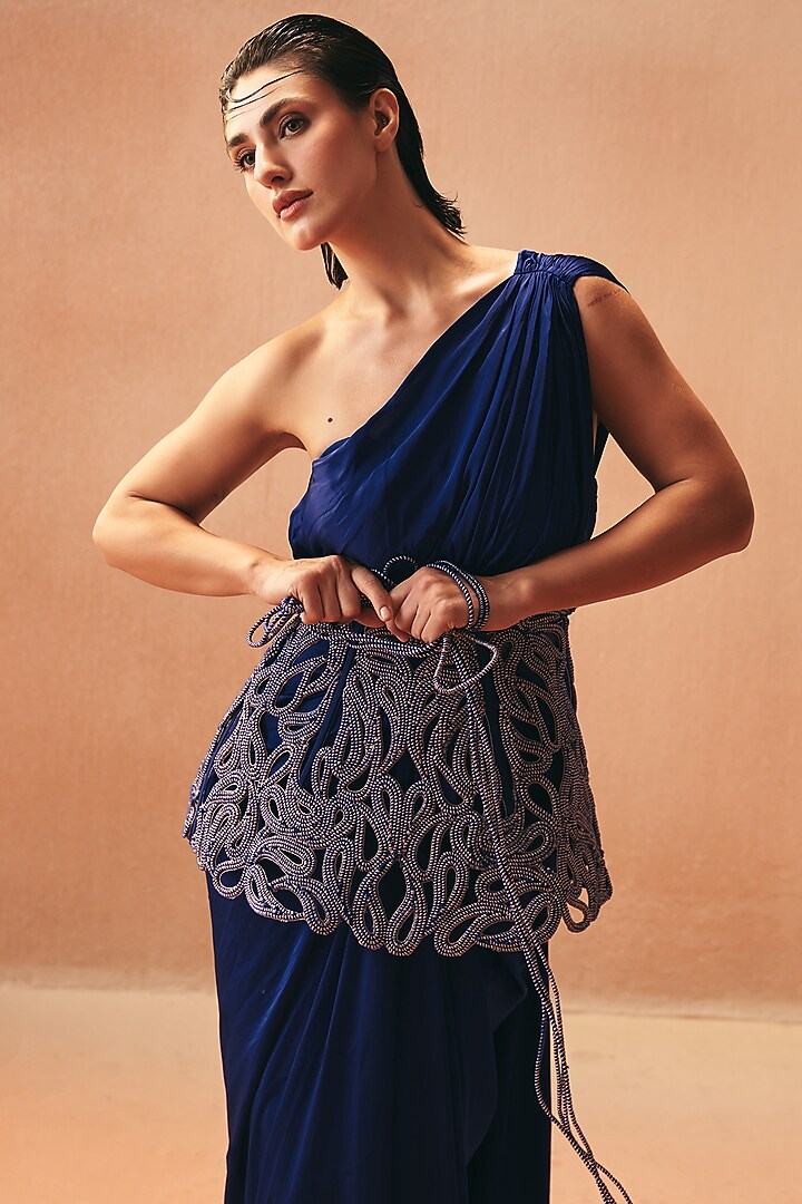Purple Satin One-Shoulder Wedding Saree Gown With Belt by Kamaali Couture at Pernia's Pop Up Shop