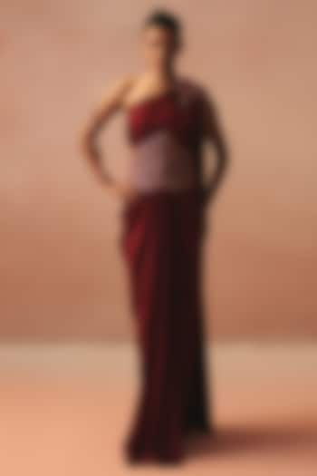 Red Satin Embroidered One-Shoulder Skirt Wedding Saree Set by Kamaali Couture at Pernia's Pop Up Shop