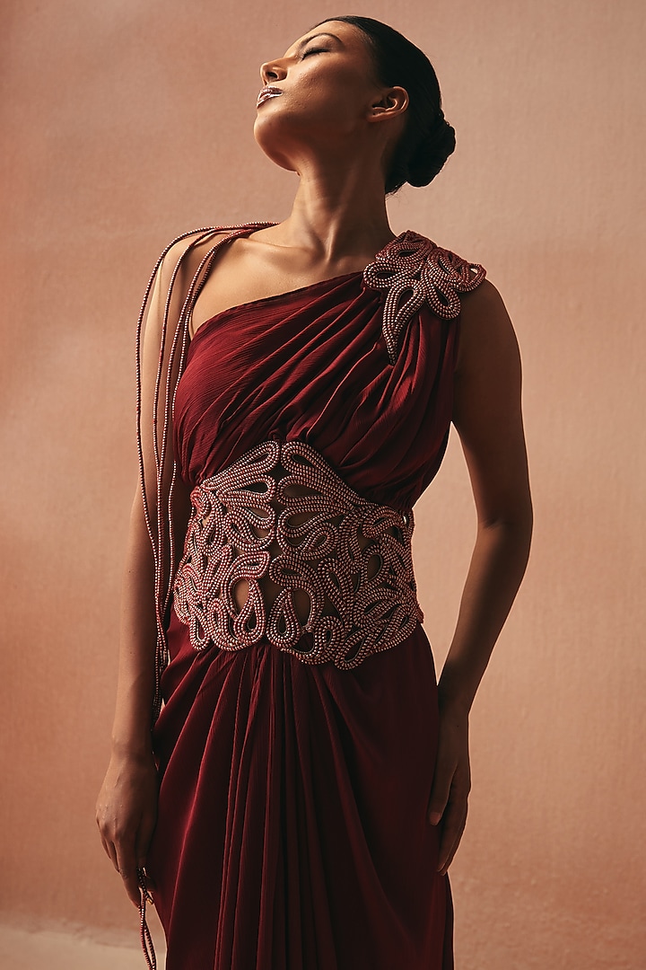 Red Satin Embroidered One-Shoulder Skirt Wedding Saree Set by Kamaali Couture at Pernia's Pop Up Shop