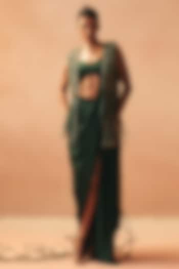 Green Satin Embroidered Skirt Wedding Saree Set by Kamaali Couture at Pernia's Pop Up Shop