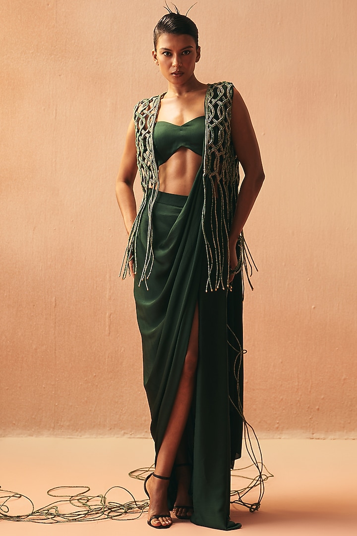 Green Satin Embroidered Skirt Wedding Saree Set by Kamaali Couture at Pernia's Pop Up Shop