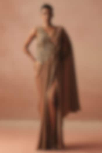 Gold Satin Embroidered Wedding Gown Saree by Kamaali Couture at Pernia's Pop Up Shop