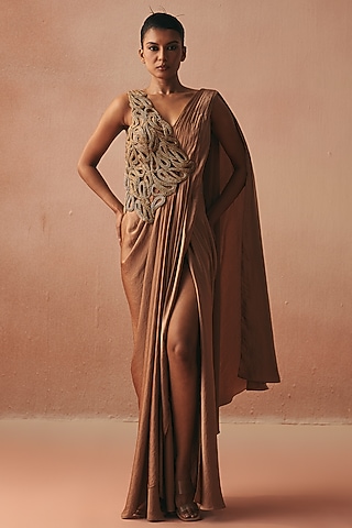 Gold Satin Embroidered Gown Saree by Kamaali Couture