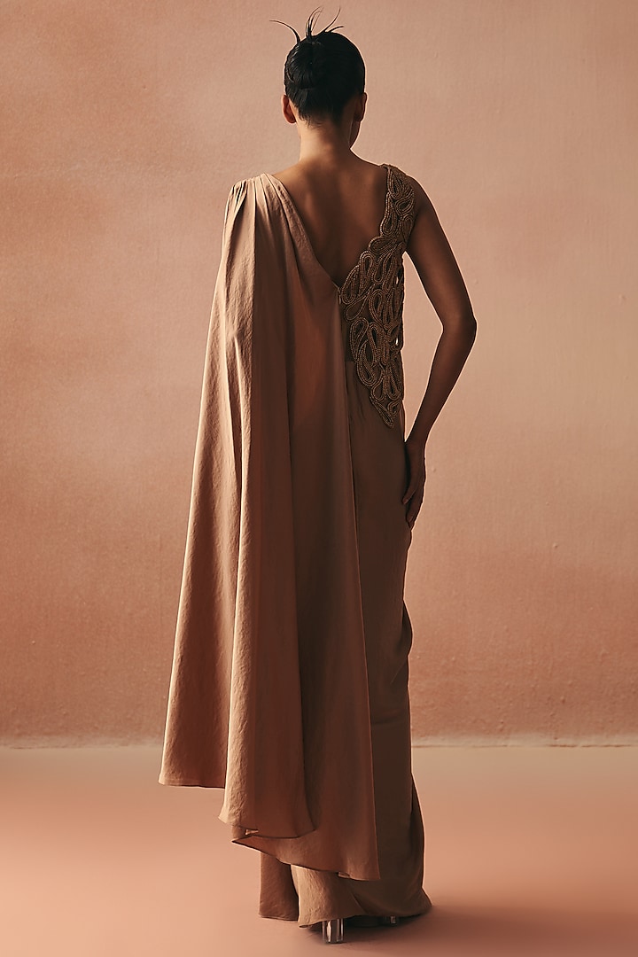Gold Satin Embroidered Wedding Gown Saree by Kamaali Couture at Pernia's Pop Up Shop