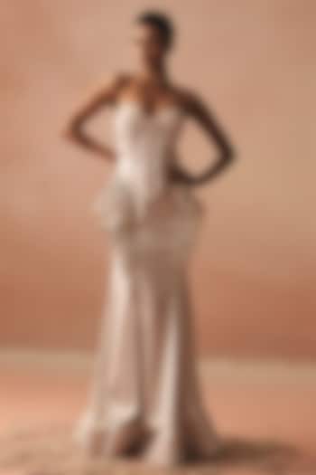 Ivory Satin Embroidered Fish-Cut Skirt Set by Kamaali Couture at Pernia's Pop Up Shop