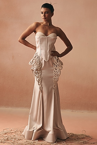 Ivory Satin Embroidered Fish-Cut Skirt Set by Kamaali Couture