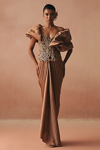 Gold Cotton & Satin Embroidered Pleated Gown by Kamaali Couture