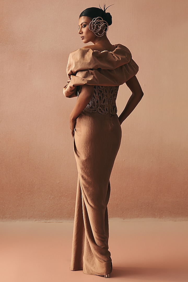 Gold Satin Draped Skirt Set by Kamaali Couture at Pernia's Pop Up Shop