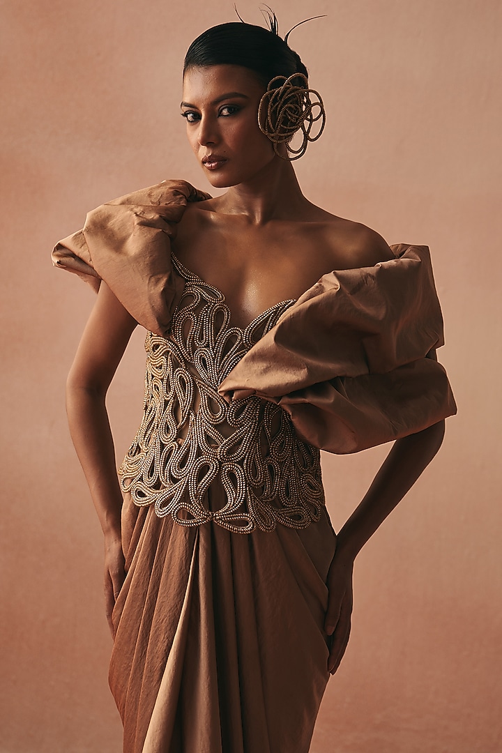 Gold Satin Draped Skirt Set by Kamaali Couture at Pernia's Pop Up Shop