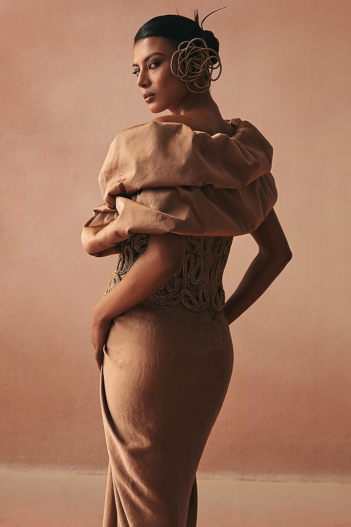 Gold Satin Draped Skirt Set by Kamaali Couture at Pernia's Pop Up Shop