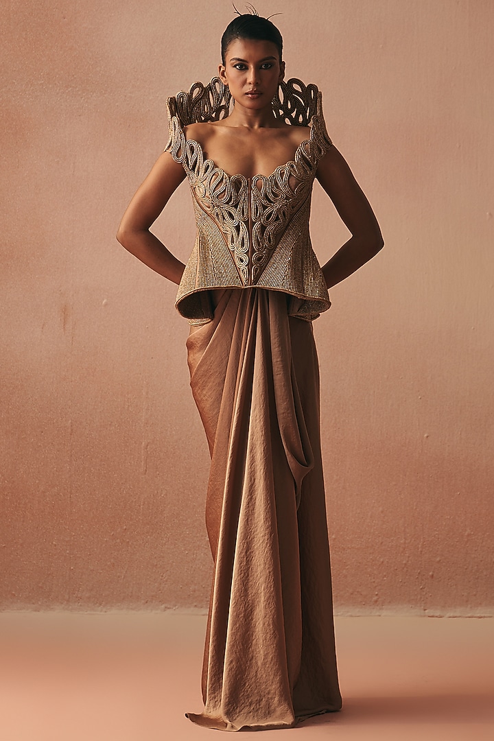 Gold Satin Draped Skirt Set by Kamaali Couture at Pernia's Pop Up Shop