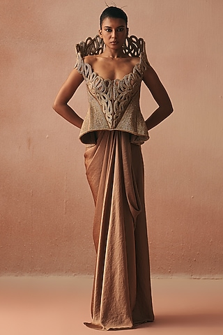 Gold Satin Draped Skirt Set by Kamaali Couture