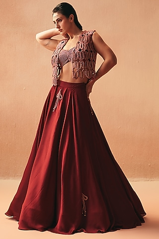 Red Cotton Embroidered Jacket Lehenga Set by Kamaali Couture