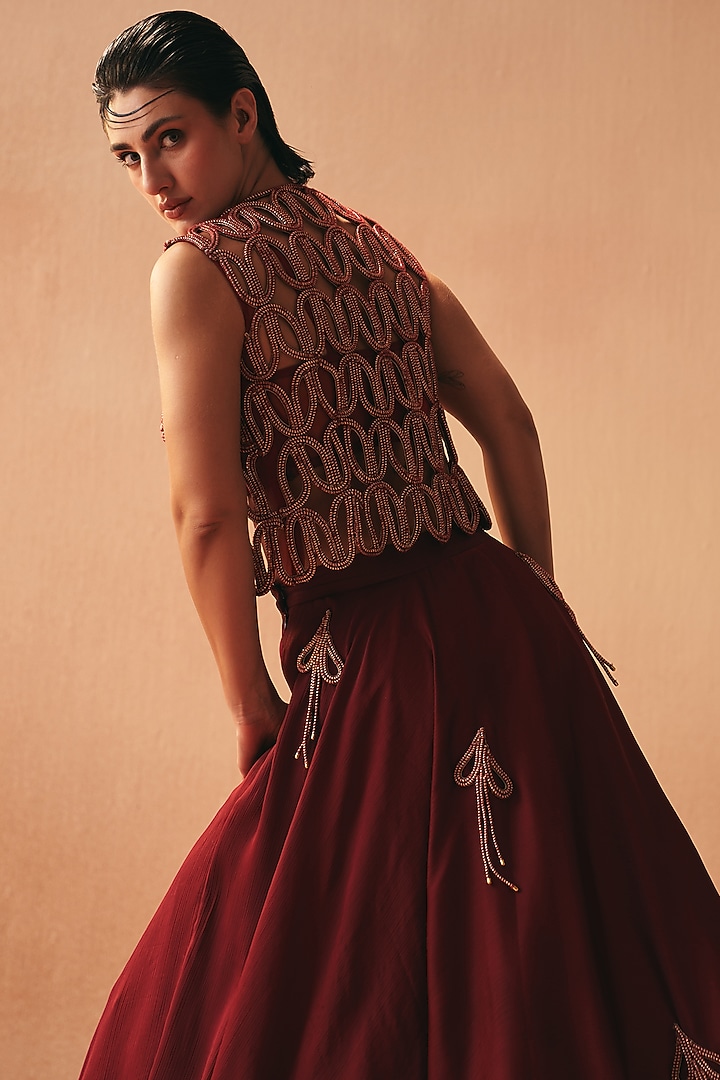 Red Cotton Embroidered Jacket Wedding Lehenga Set by Kamaali Couture at Pernia's Pop Up Shop