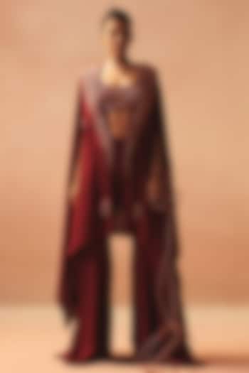 Red Satin Embroidered Cape Set by Kamaali Couture at Pernia's Pop Up Shop