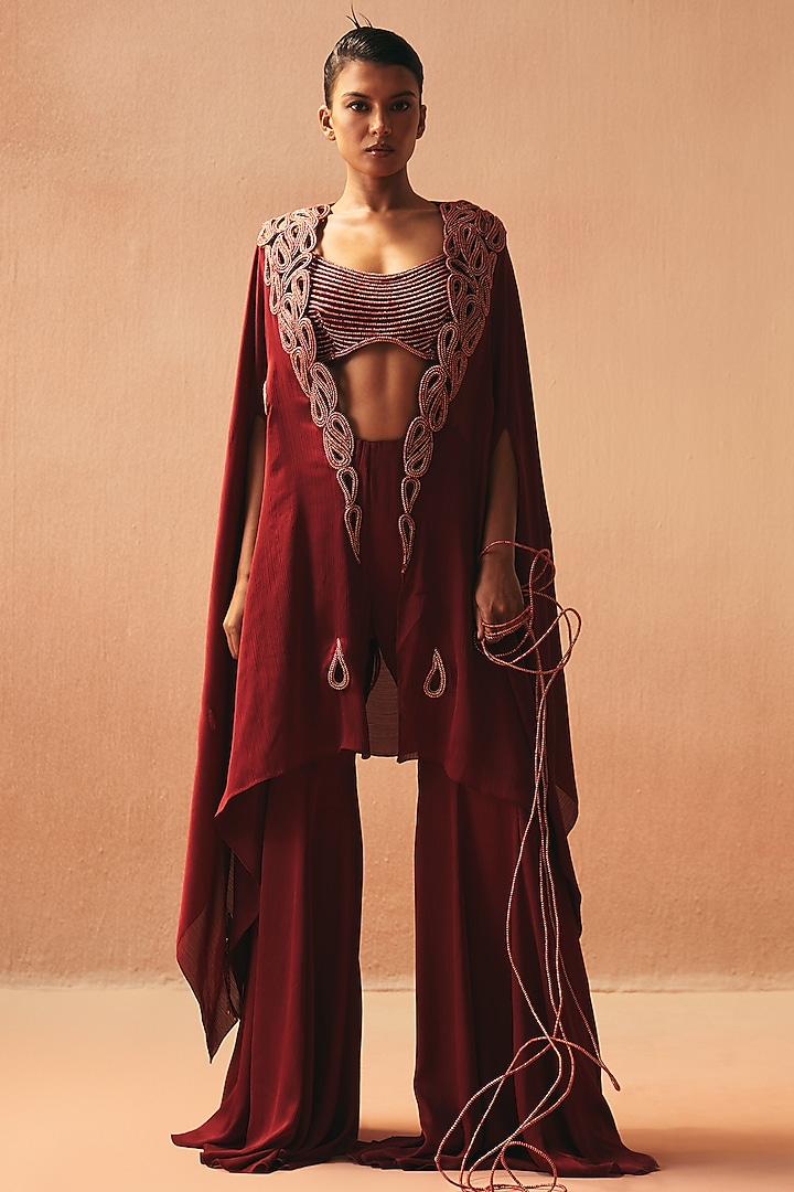 Red Satin Embroidered Cape Set by Kamaali Couture at Pernia's Pop Up Shop