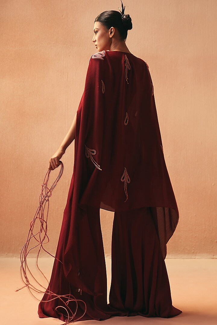 Red Satin Embroidered Cape Set by Kamaali Couture at Pernia's Pop Up Shop