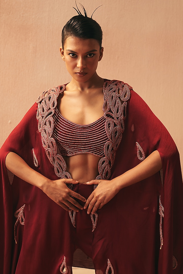 Red Satin Embroidered Cape Set by Kamaali Couture at Pernia's Pop Up Shop