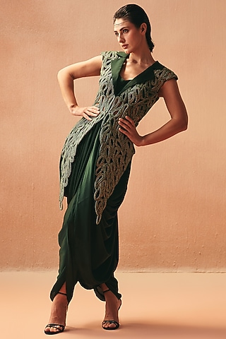 Green Cotton Embroidered Jacket Set by Kamaali Couture
