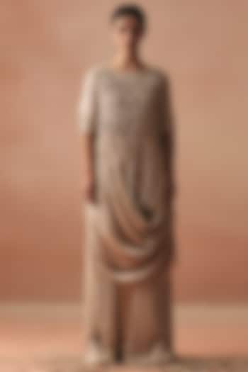 Ivory Satin Embroidered Tunic Set by Kamaali Couture at Pernia's Pop Up Shop