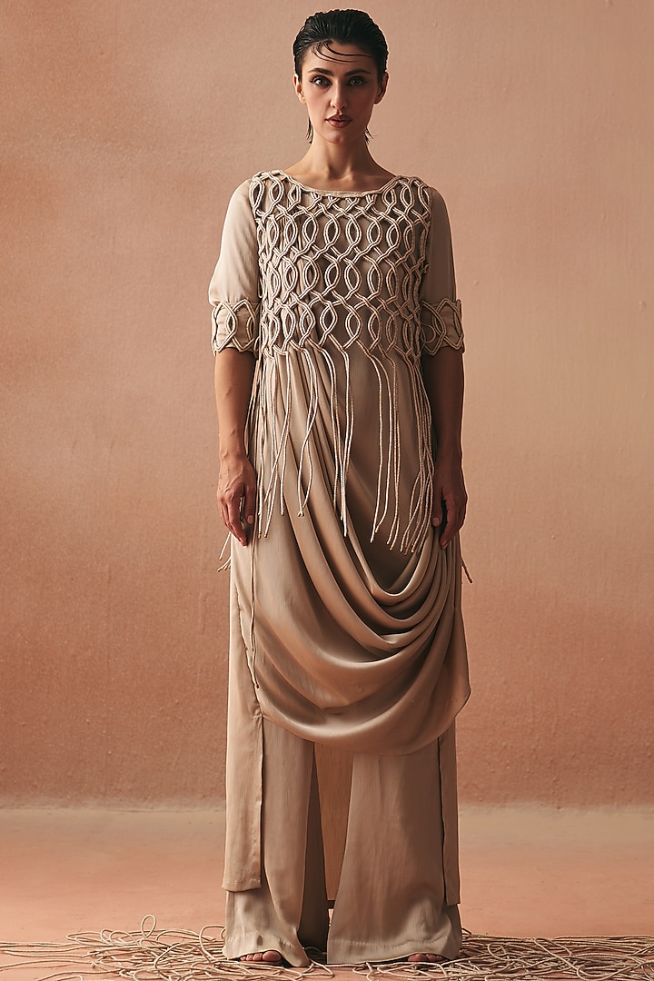 Ivory Satin Embroidered Tunic Set by Kamaali Couture at Pernia's Pop Up Shop