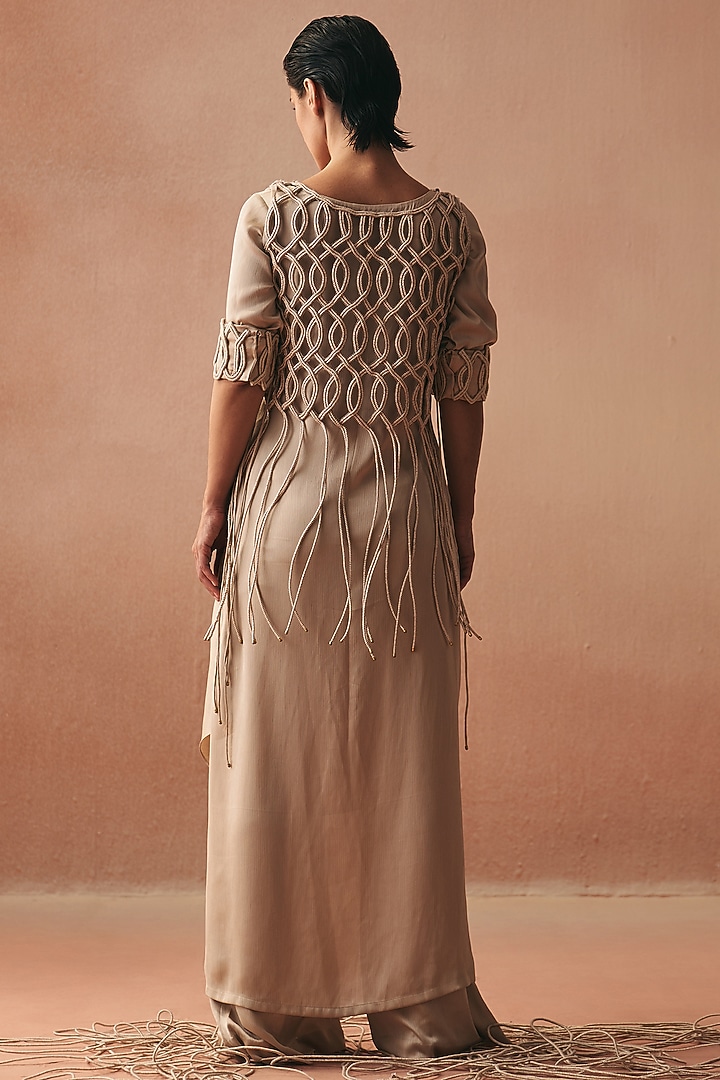 Ivory Satin Embroidered Tunic Set by Kamaali Couture at Pernia's Pop Up Shop
