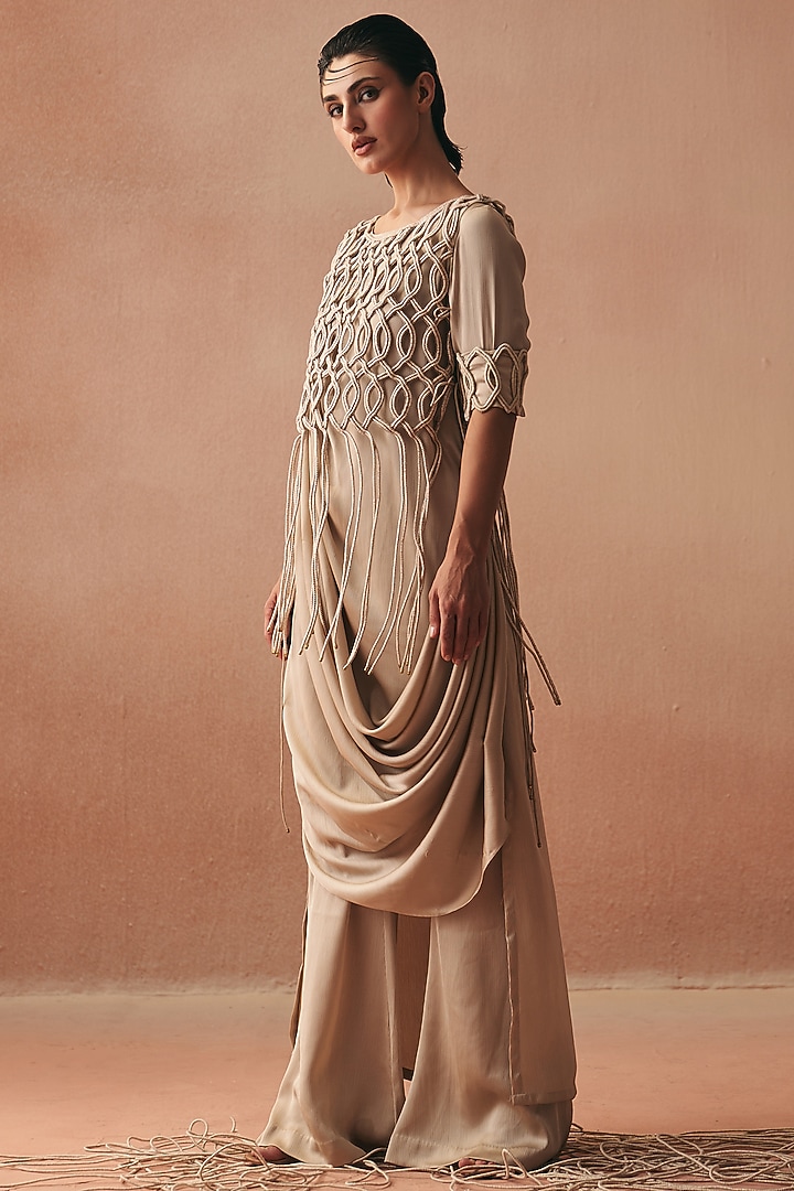 Ivory Satin Embroidered Tunic Set by Kamaali Couture at Pernia's Pop Up Shop