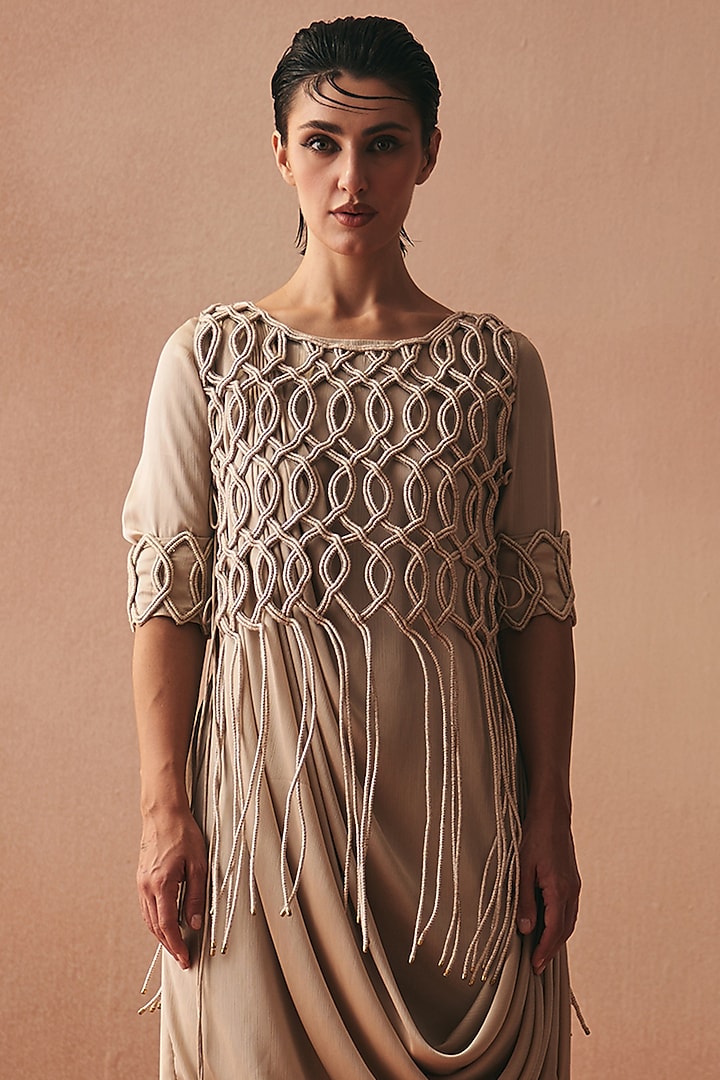 Ivory Satin Embroidered Tunic Set by Kamaali Couture at Pernia's Pop Up Shop