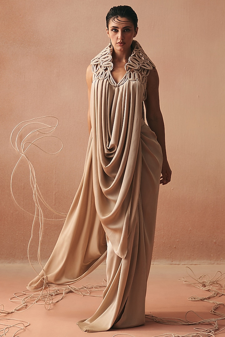 Ivory Satin Embroidered Tunic Set by Kamaali Couture at Pernia's Pop Up Shop