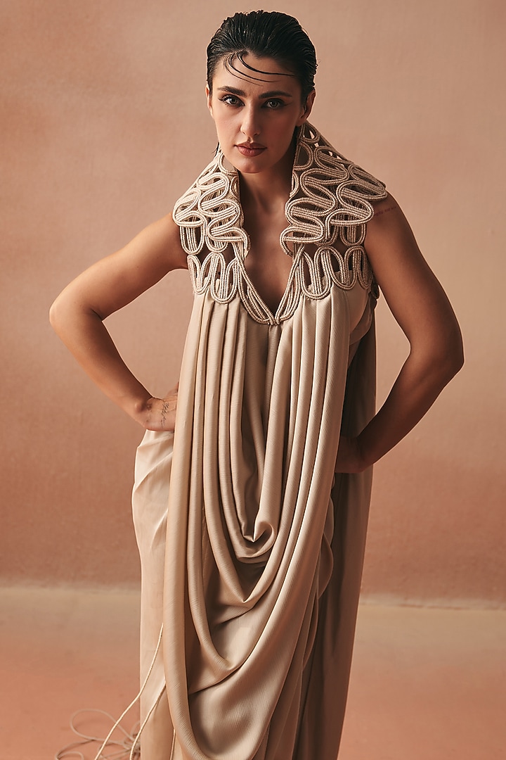 Ivory Satin Embroidered Tunic Set by Kamaali Couture at Pernia's Pop Up Shop