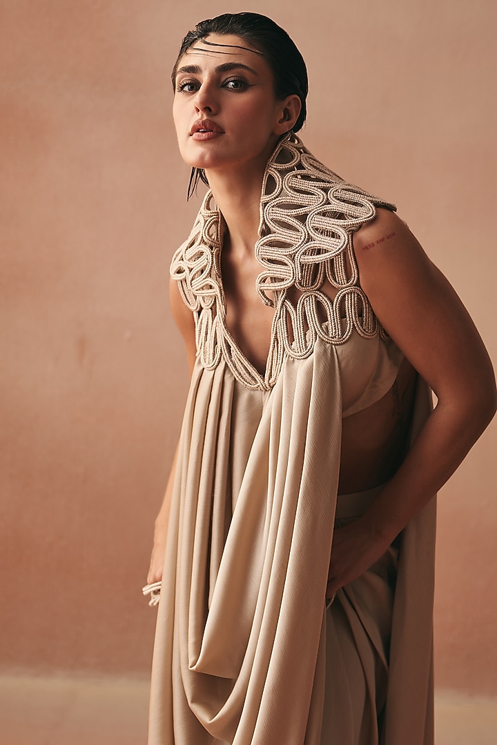 Ivory Satin Embroidered Tunic Set by Kamaali Couture at Pernia's Pop Up Shop