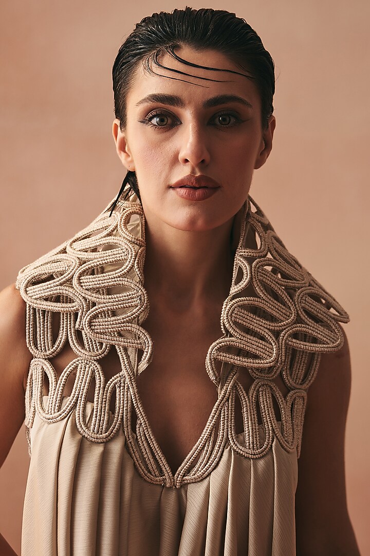 Ivory Satin Embroidered Tunic Set by Kamaali Couture at Pernia's Pop Up Shop
