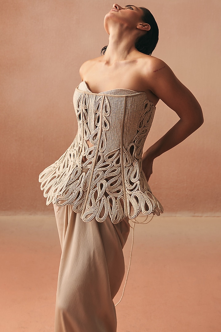 Ivory Satin Draped Skirt Set by Kamaali Couture at Pernia's Pop Up Shop