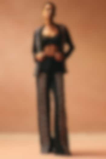 Black Satin Embroidered Blazer Set by Kamaali Couture at Pernia's Pop Up Shop