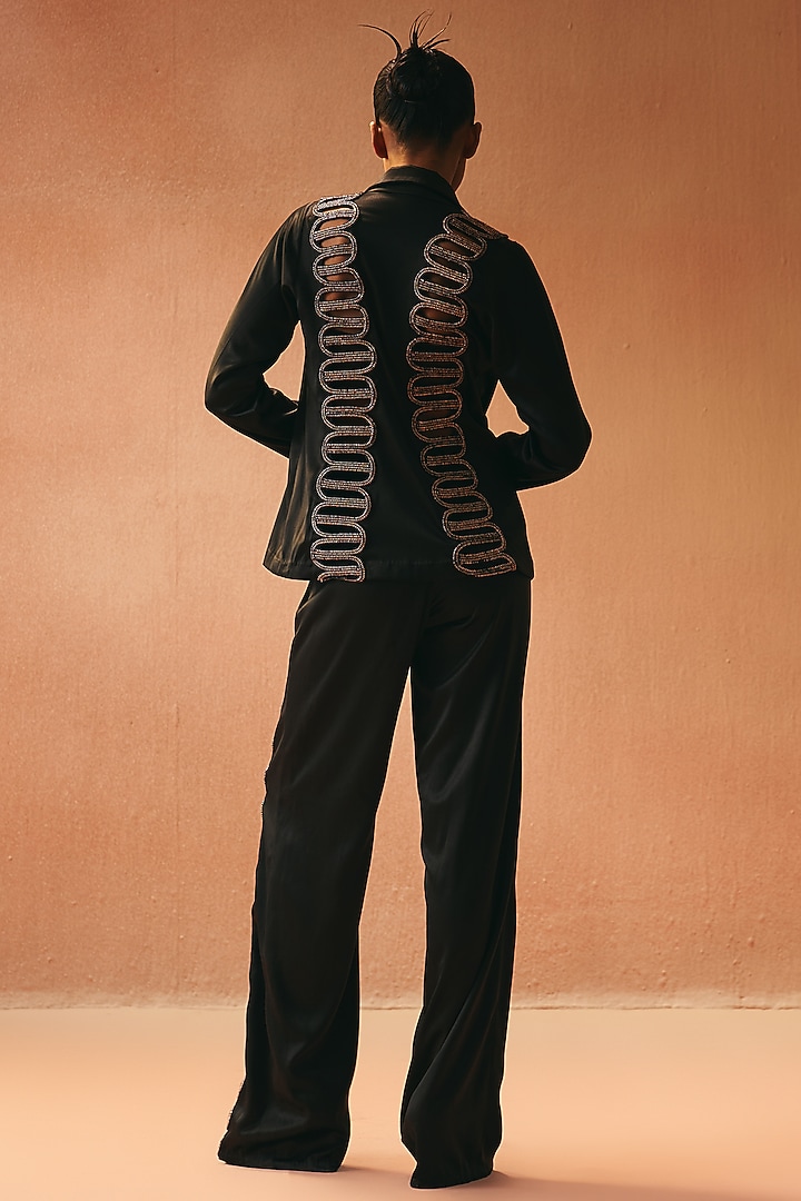 Black Satin Embroidered Blazer Set by Kamaali Couture at Pernia's Pop Up Shop