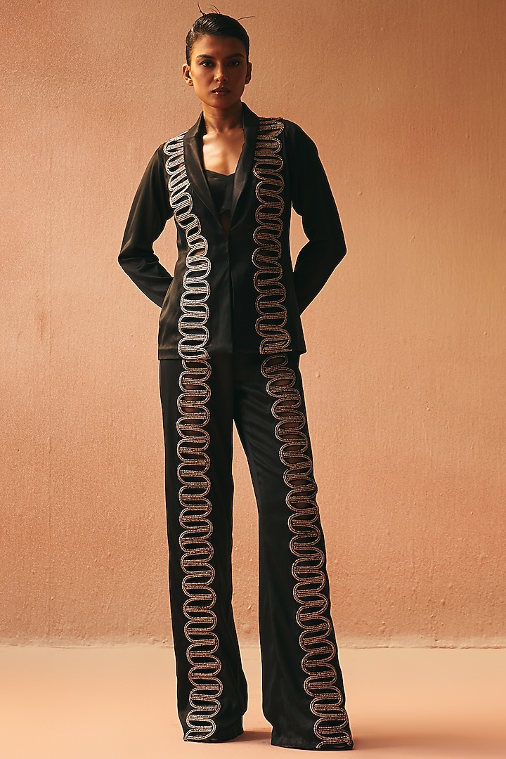 Black Satin Embroidered Blazer Set by Kamaali Couture at Pernia's Pop Up Shop