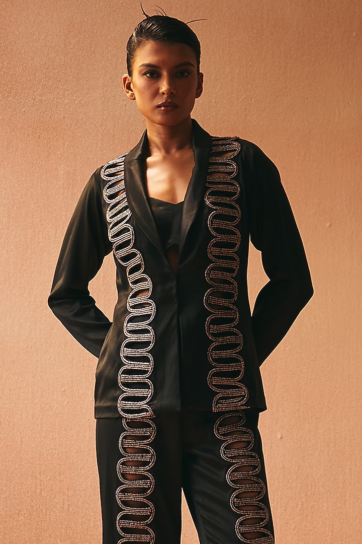 Black Satin Embroidered Blazer Set by Kamaali Couture at Pernia's Pop Up Shop