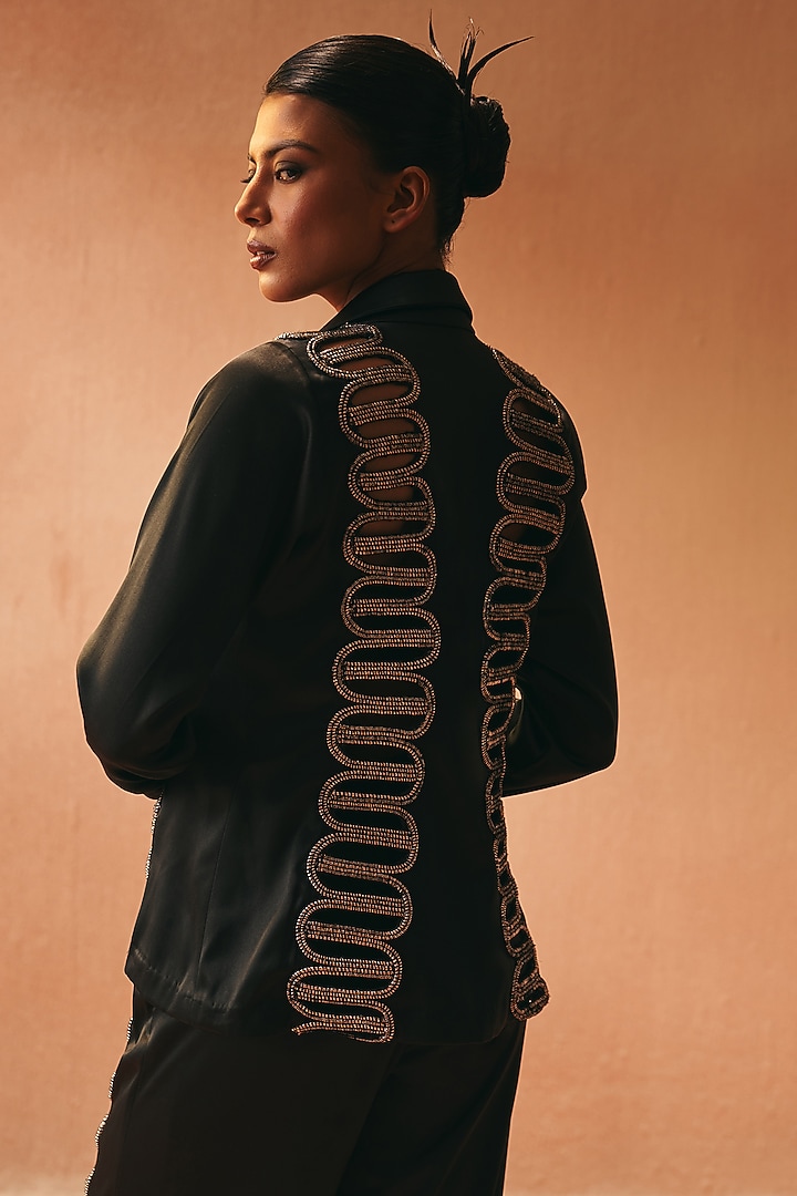 Black Satin Embroidered Blazer Set by Kamaali Couture at Pernia's Pop Up Shop