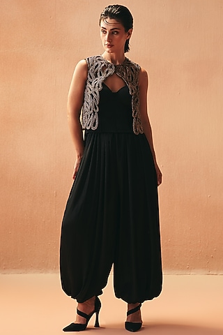 Black Cotton Embroidered Jacket Set by Kamaali Couture